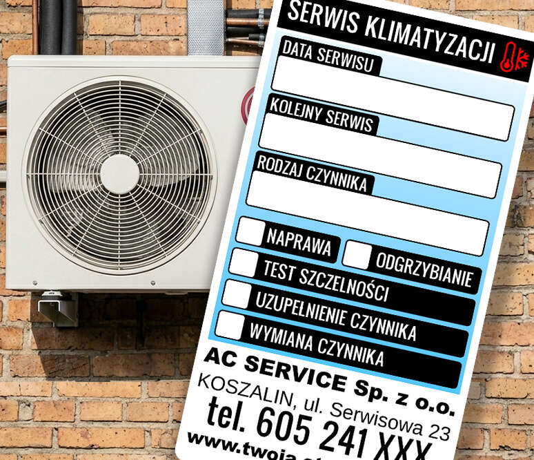Naklejka serwisowa klimatyzacji w budynkach - z nadrukiem danych serwisu